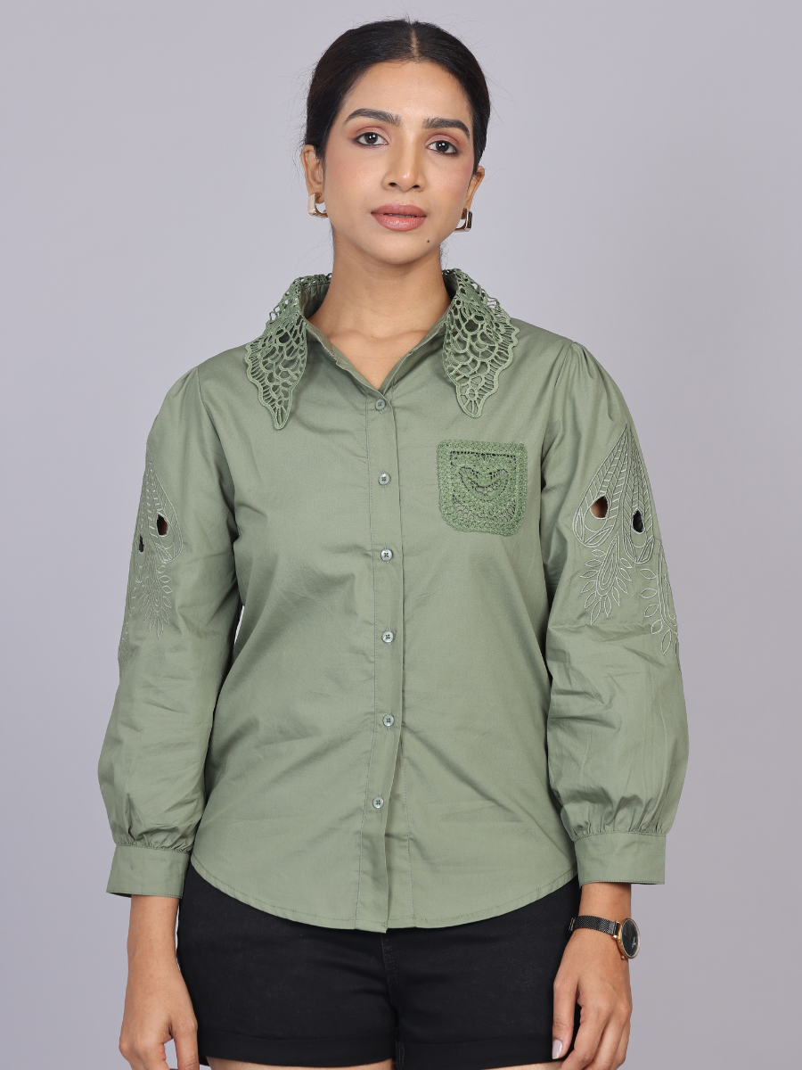 Olive Cutwork Embroidered Cotton Shirt
