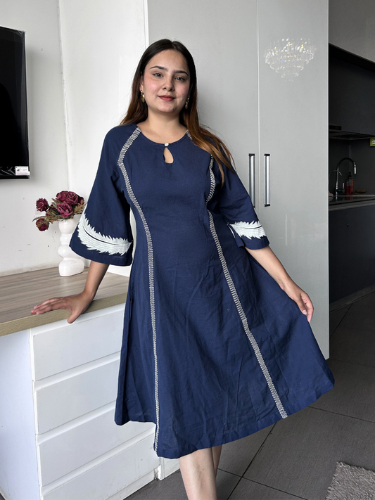 Midnight Blue Embroidered Flared Dress