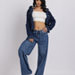 Blue Drawstring Waist Wide-Leg Denim Jeans