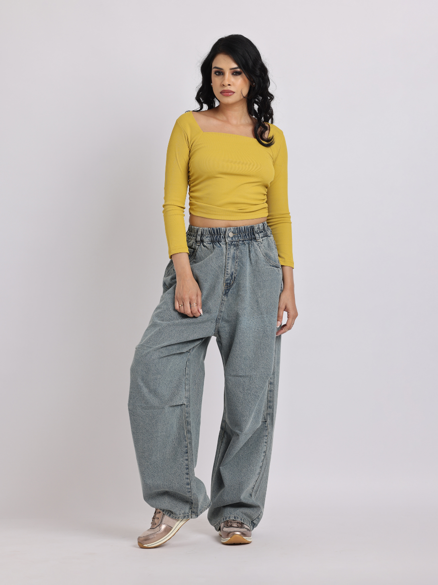 Grey Elastic Waist Wide-Leg Denim Jeans