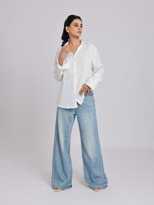 Elegant White Satin Collared Shirt
