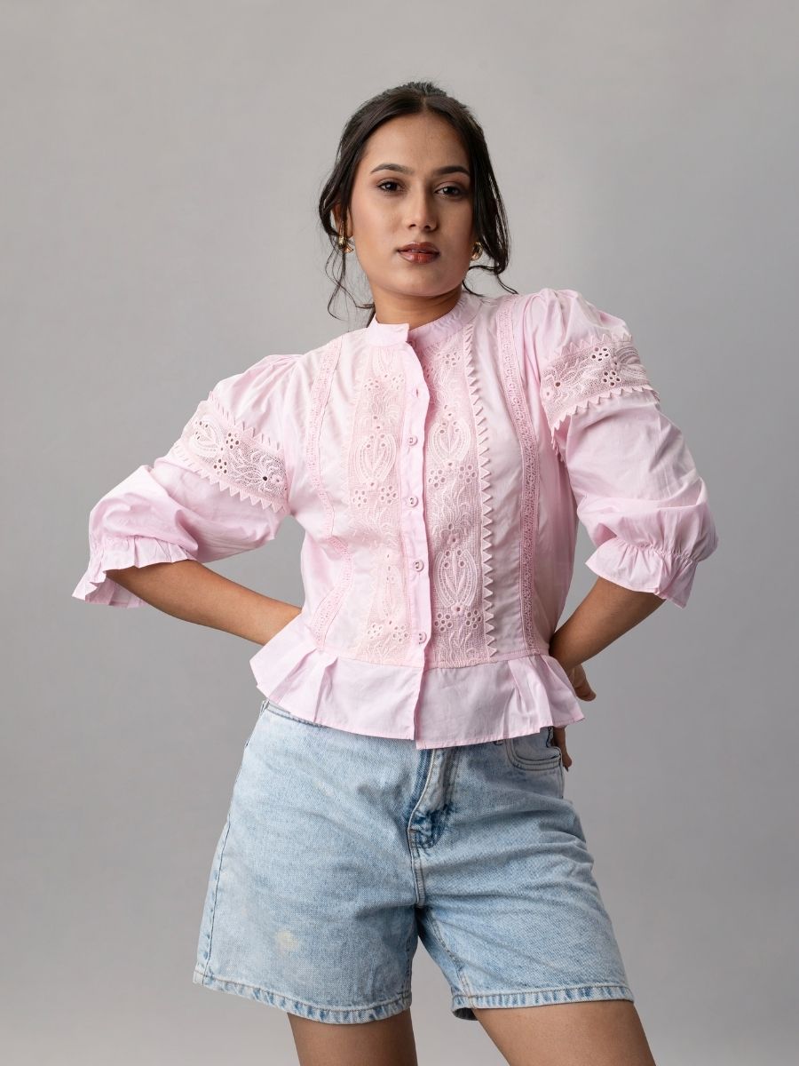 Rose Reverie Pink Lace Victorian Puff Sleeve Top