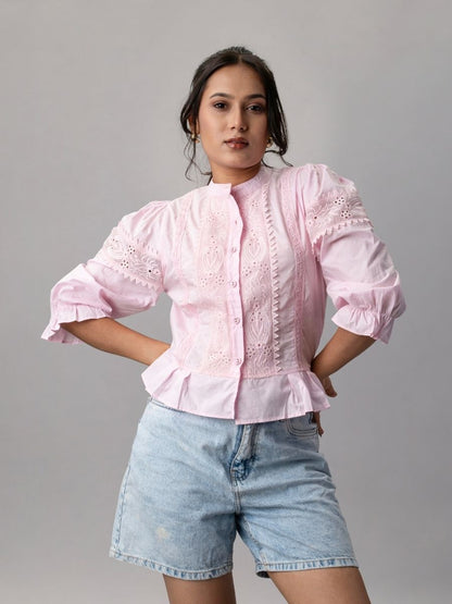 Rose Reverie Pink Lace Victorian Puff Sleeve Top