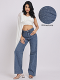 Mid-Blue Rhinestone Studded Straight-Fit Denim Jeans