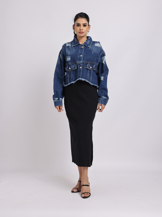 Blue Distressed Cropped Denim Jacket