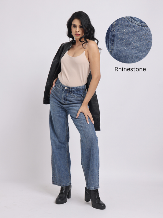 Mid-Blue Rhinestone Straight-Fit Jeans