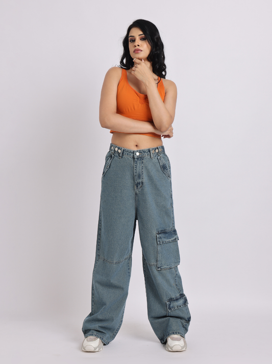 Wide-Leg Cargo Denim Jeans with Adjustable Waist
