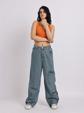 Wide-Leg Cargo Denim Jeans with Adjustable Waist