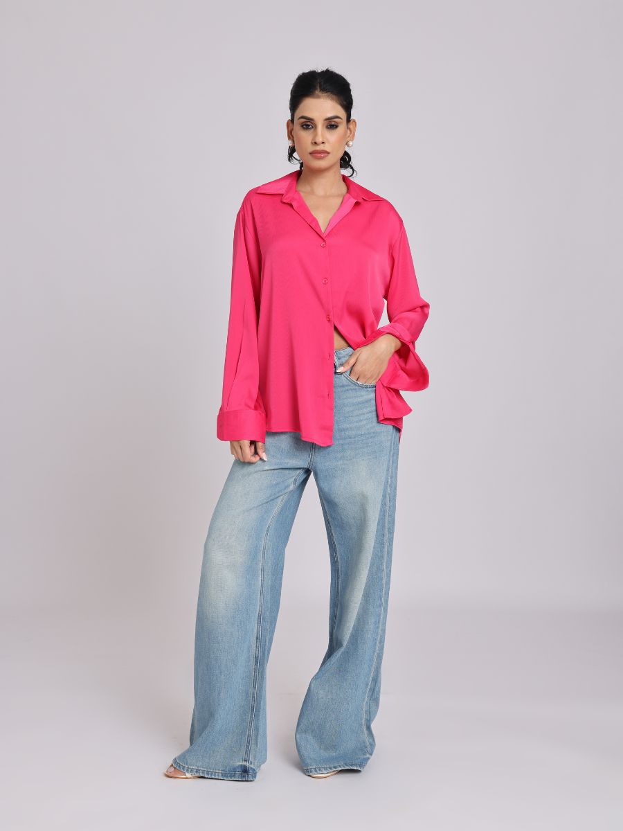 Pink Premium Flowy Satin Oversized Shirt