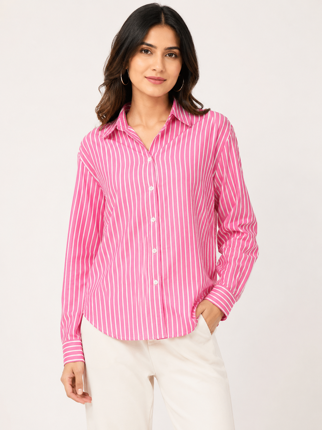 Pink Pop Striped Relaxed-Fit Cotton Shirt
