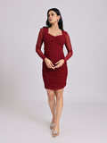 Maroon Ruched Mesh-Sleeve Bodycon Dress