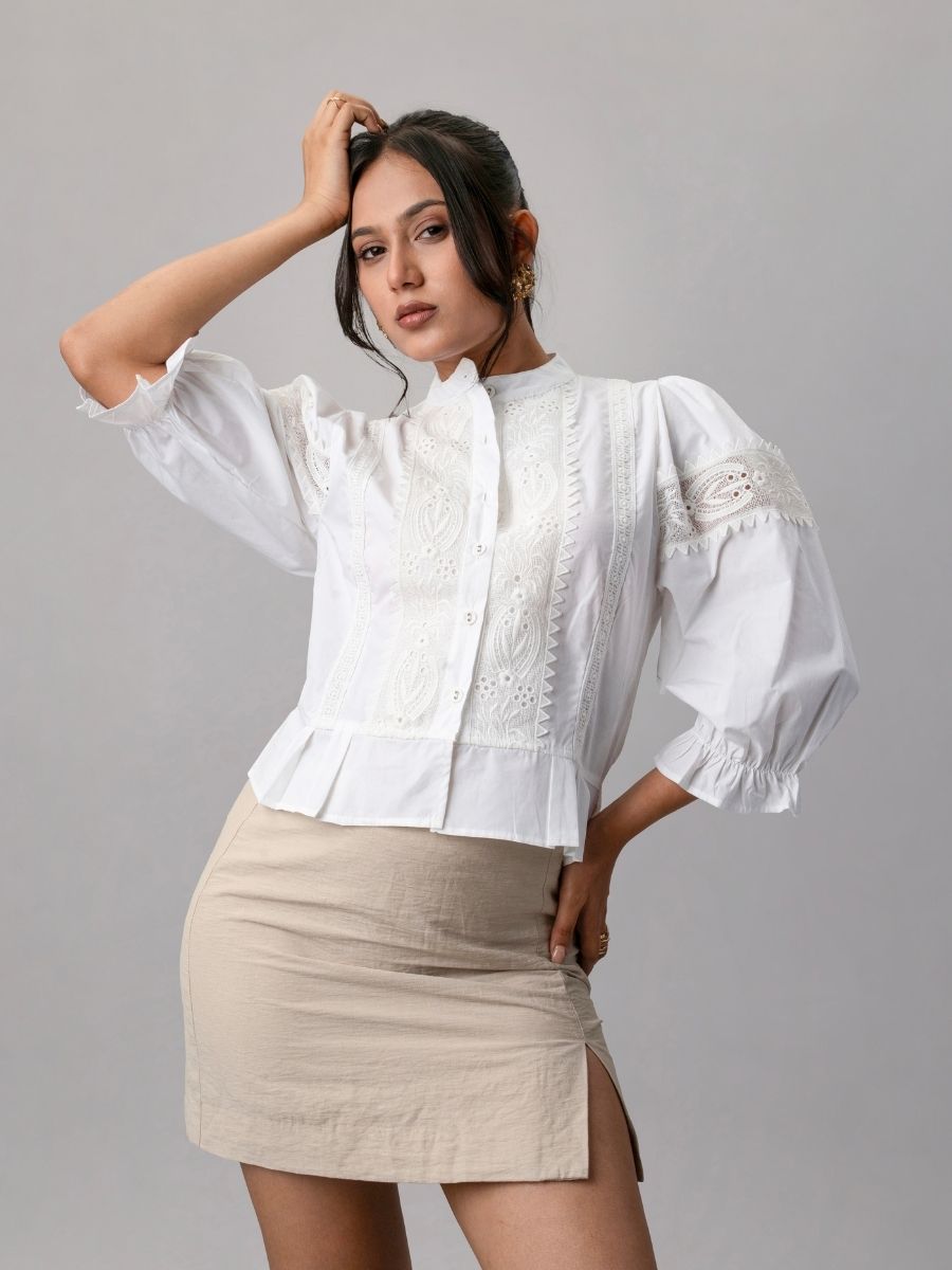 Victorian White Lace Panel Puff Sleeve Blouse
