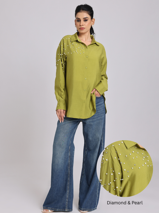 Olive Green Oversized Pearl & Diamond Embellished Shirt