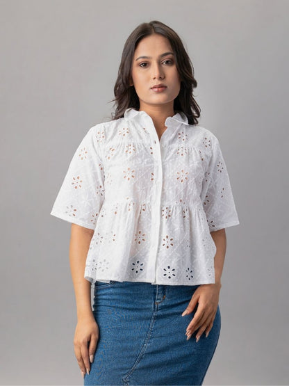 White Eyelet Embroidered Peplum Shirt