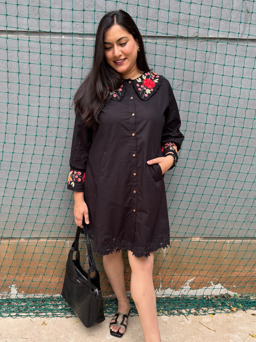 Embroidered Black Collar Dress