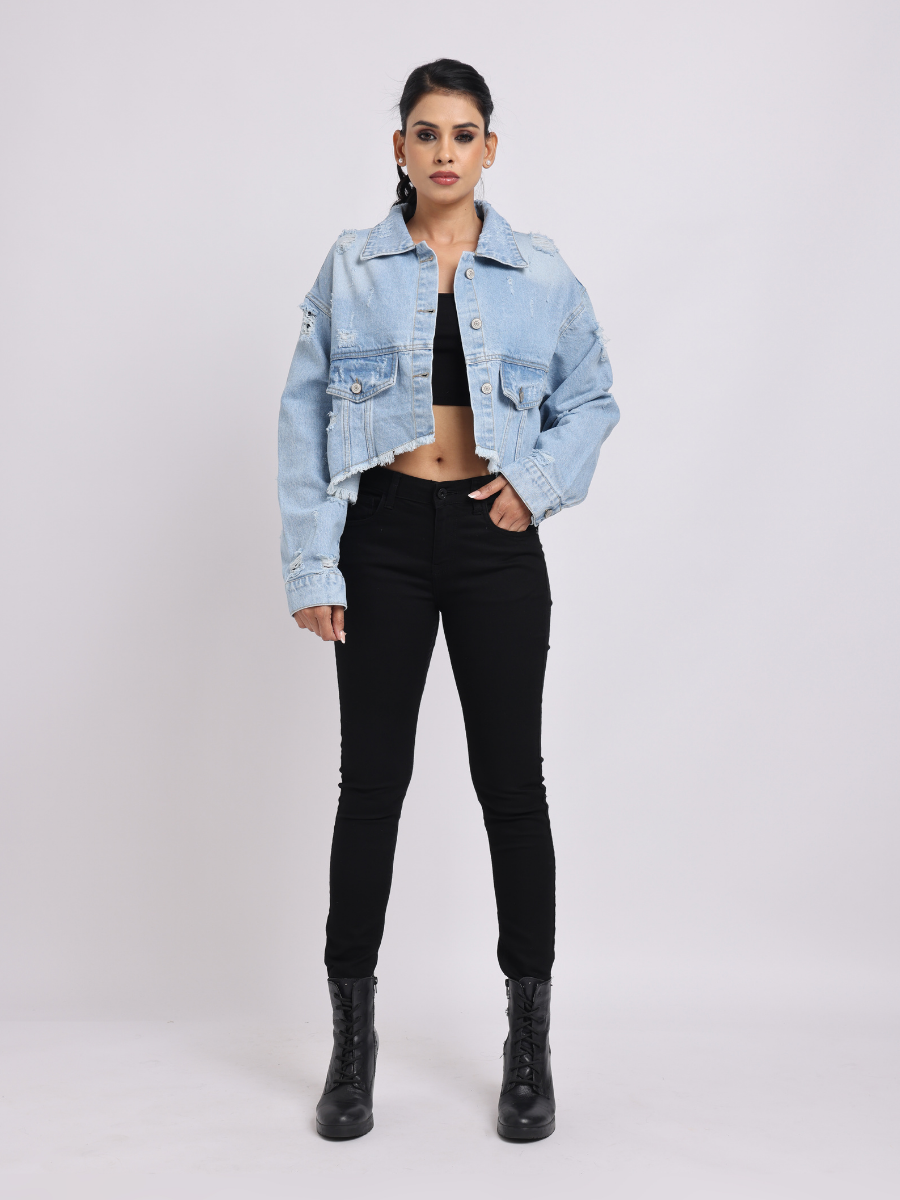 Light Blue Distressed Cropped Denim Jacket