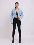 Light Blue Distressed Cropped Denim Jacket
