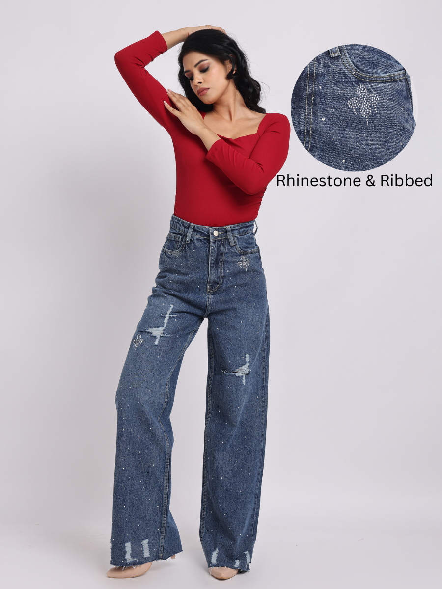 Dark Blue Distressed Rhinestone Wide-Leg Denim Jeans