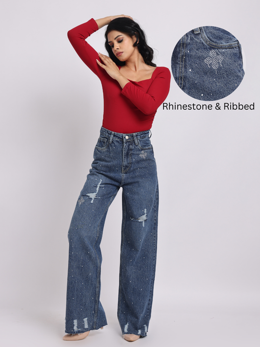 Dark Blue Distressed Rhinestone Wide-Leg Denim Jeans