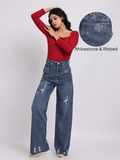 Dark Blue Distressed Rhinestone Wide-Leg Denim Jeans