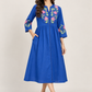 Blue Embroidered Cotton A-Line Midi Dress