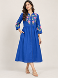 Blue Embroidered Cotton A-Line Midi Dress