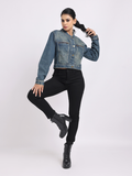 Mid Blue Cropped Denim Jacket for Women