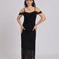 Black Draped Cold-Shoulder Sheer Hem Maxi Dress