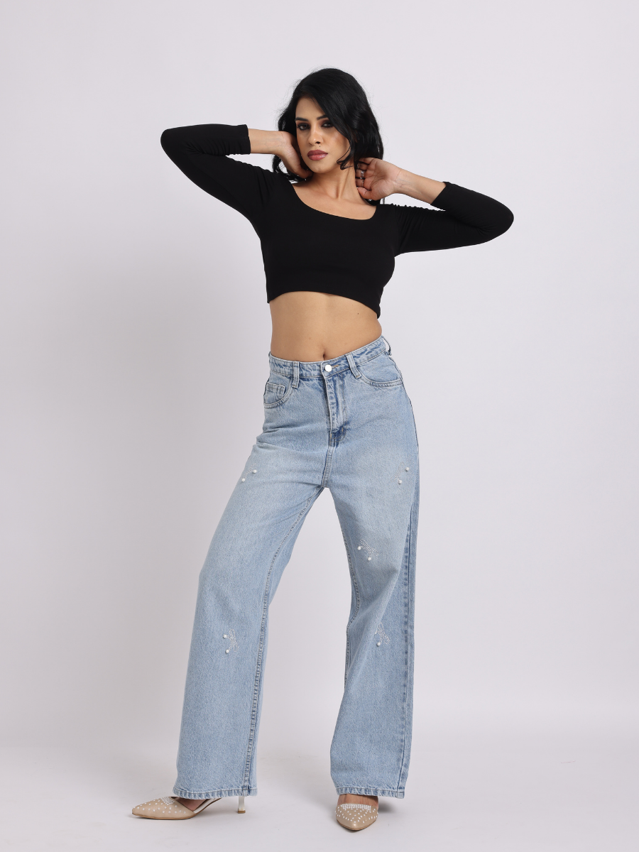 Light Blue Pearl Bow Straight-Fit Jeans