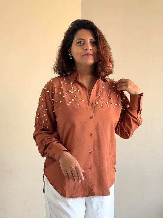 Brown Fit Pearl & Diamond-Embellished Shirt