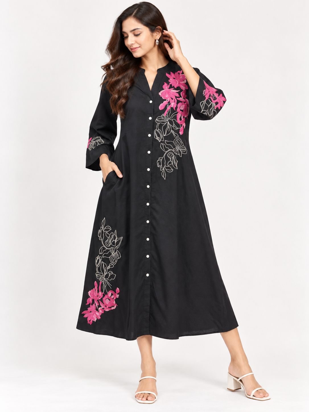Black Embroidered Cotton A-Line Midi Dress