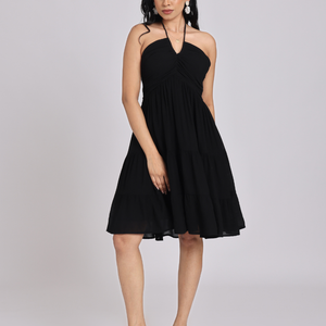 Black Halter-Neck Tiered Midi Dress