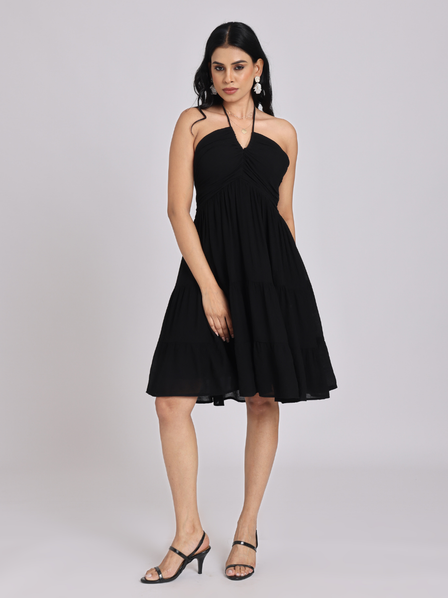 Black Halter-Neck Tiered Midi Dress