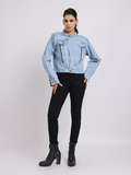 Light Blue Cropped Denim Jacket with Zip Detail