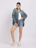 Oversized Mid Blue Denim Shirt with Dropped Shoulder