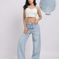 Light Blue Pearl-Embellished Wide-Leg Denim Jeans