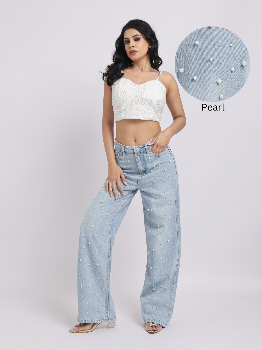 Light Blue Pearl-Embellished Wide-Leg Denim Jeans