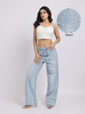 Light Blue Pearl-Embellished Wide-Leg Denim Jeans