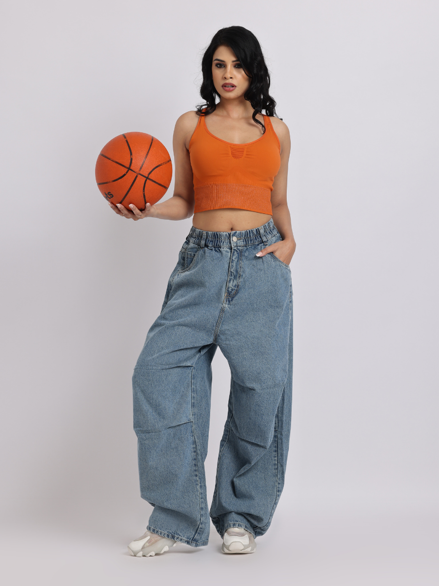 High-Waist Elasticated Wide-Leg Denim Jeans