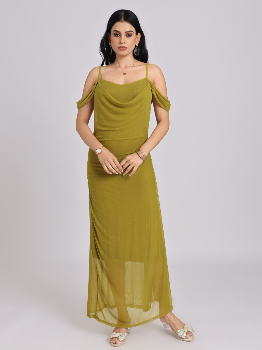 Olive Green Draped Cold-Shoulder Maxi Dress