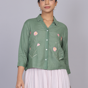 Sage Green Blossom Embroidered Cotton Shirt