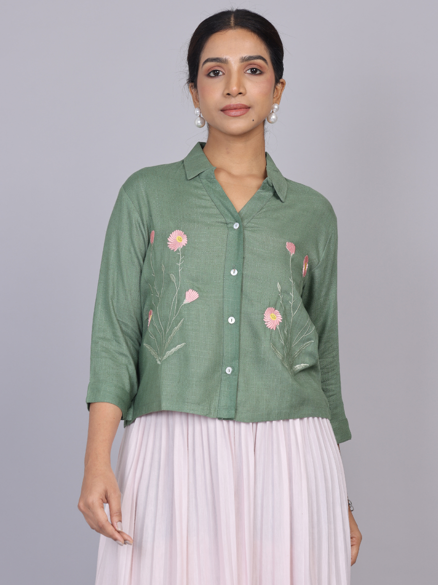 Sage Green Blossom Embroidered Cotton Shirt