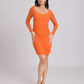 Orange Ruched Mesh-Sleeve Bodycon Mini Dress