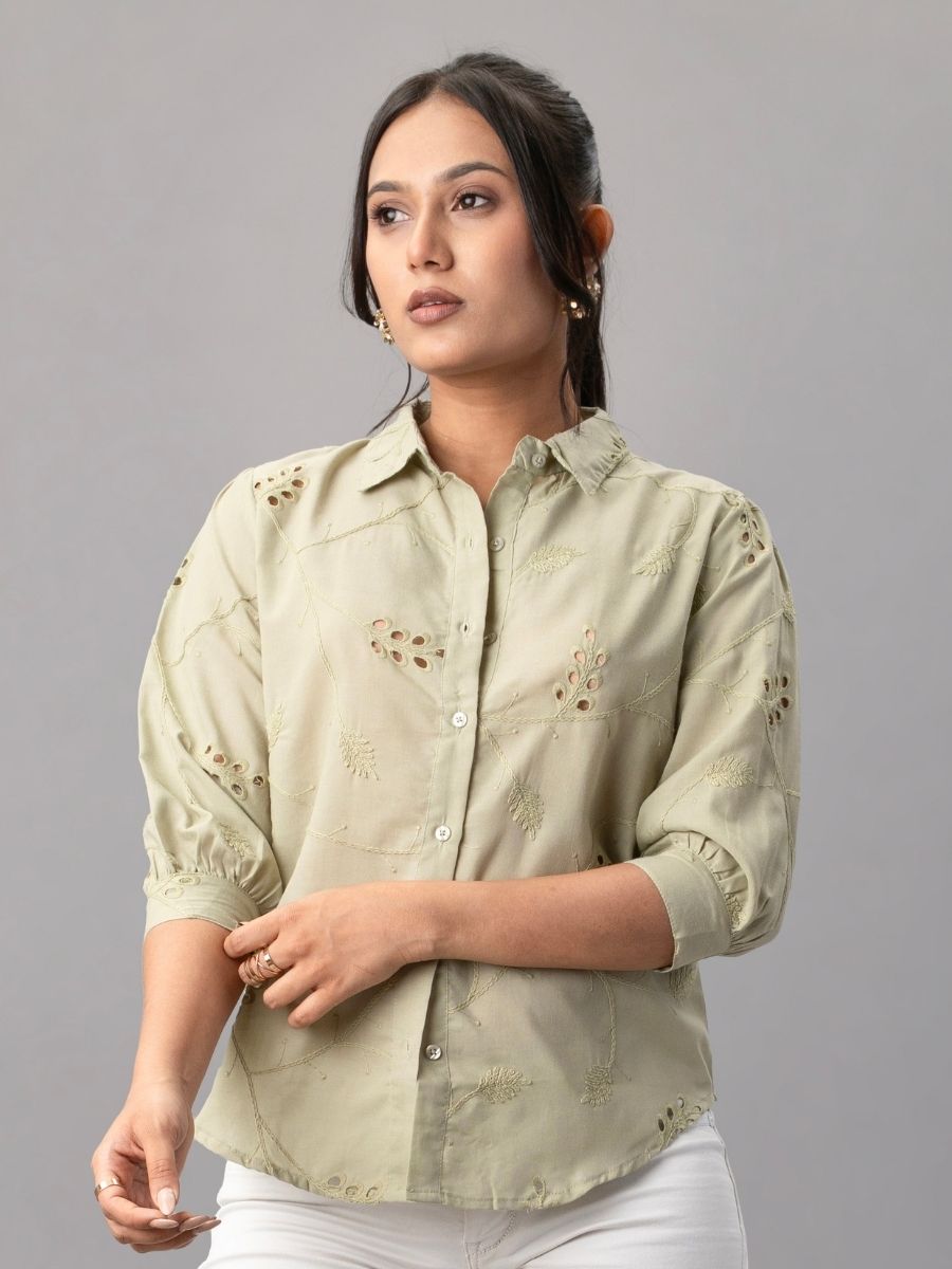 Sage Green Embroidered Cotton Shirt
