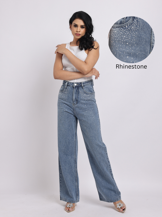 Blue Rhinestone-Embellished Wide-Leg Denim Jeans