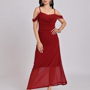 Maroon Red Draped Cold-Shoulder Maxi Dress