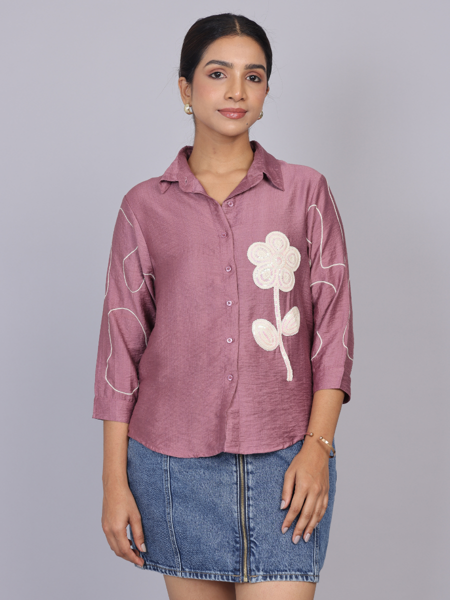 Mauve Bloom Flora Embroidered Shirt