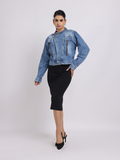 Blue Cropped Denim Jacket with Front Zip Detailing