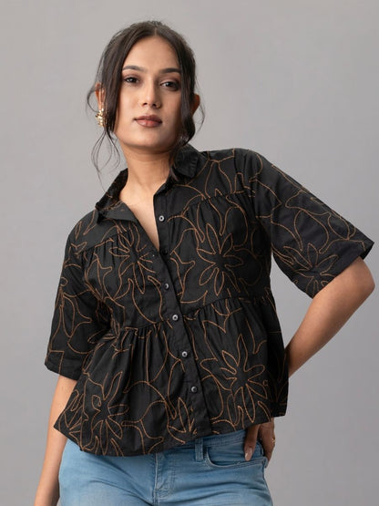 Black Cotton Peplum Shirt with Contrast Floral Embroidery