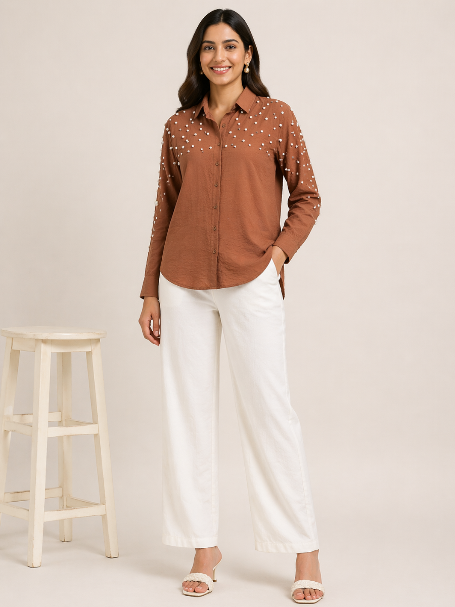 Brown Fit Pearl & Diamond-Embellished Shirt